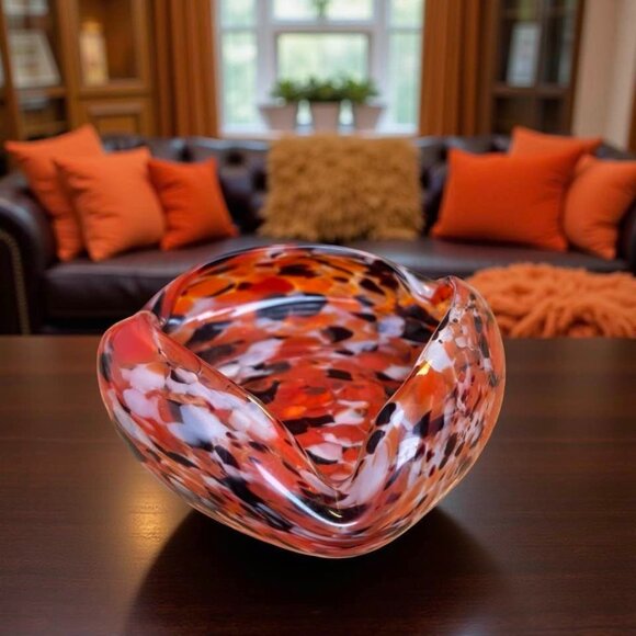 Mid Century Hand Blown Art Glass Ashtray – Orange Black & White Freeform Catchal - Picture 1 of 5